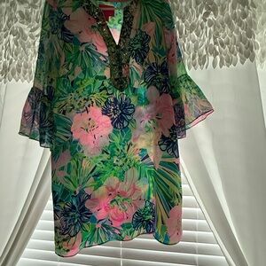 Lilly Pulitzer Pink and Green 3/4 Sleeve Boxy Tunic